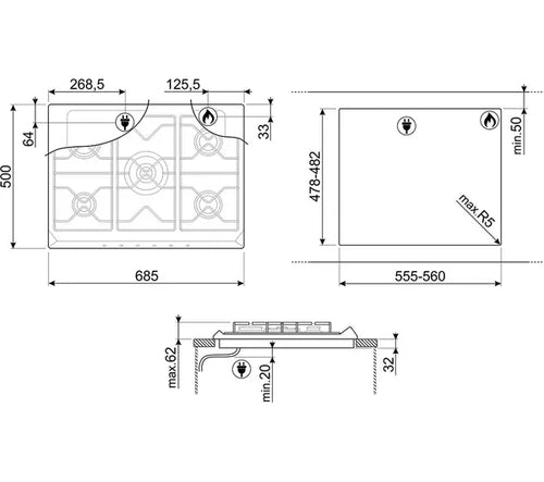 Smeg SR275XGH2 - Silver Gas Hob - 5 Burners with Wok Burner