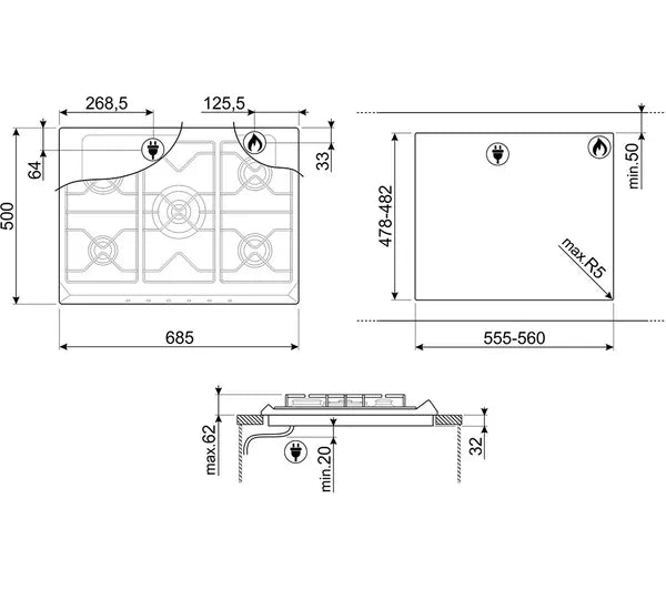 Smeg SR275XGH2 - Silver Gas Hob - 5 Burners with Wok Burner