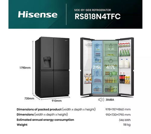 Hisense RS818N4TFC - Black/Stainless Steel American Fridge Freezer - 632L - C Energy