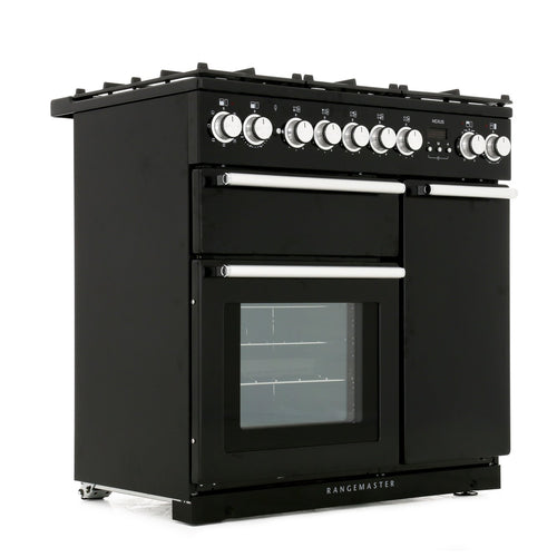 Rangemaster Nexus NEX90DFFBL/C - Black/Chrome Dual Fuel Range Cooker - 140L - A Rated