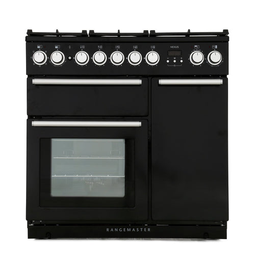 Rangemaster Nexus NEX90DFFBL/C - Black/Chrome Dual Fuel Range Cooker - 140L - A Rated