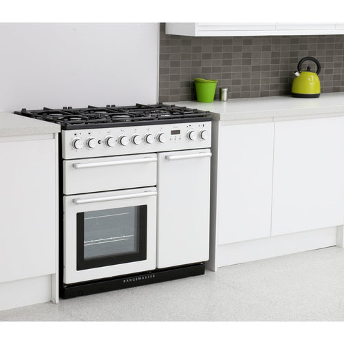 Rangemaster NEX90DFFWH/C - White/Chrome 90cm Range Cooker - Dual Fuel - A Rated