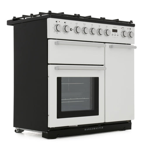 Rangemaster NEX90DFFWH/C - White/Chrome 90cm Range Cooker - Dual Fuel - A Rated