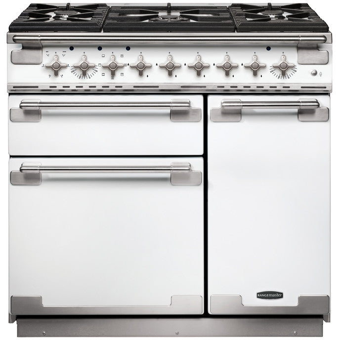 Rangemaster ELS90DFFWH - White/Brushed Chrome Dual Fuel Range Cooker - 79L - A Rated