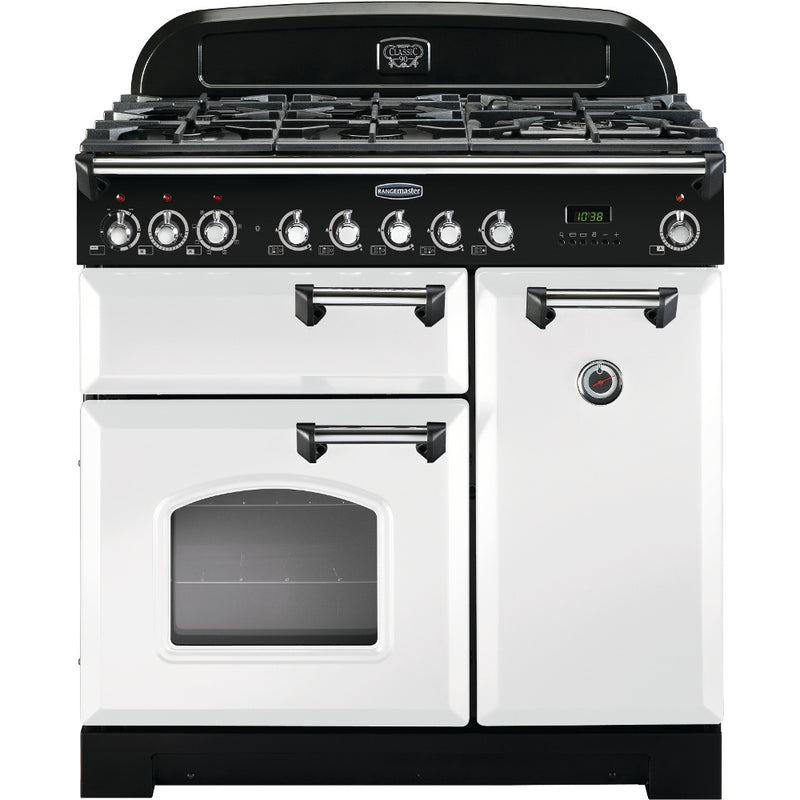Rangemaster CDL90DFFWH/C - White/Chrome Range Cooker - 79L+67L Dual Fuel - A Energy