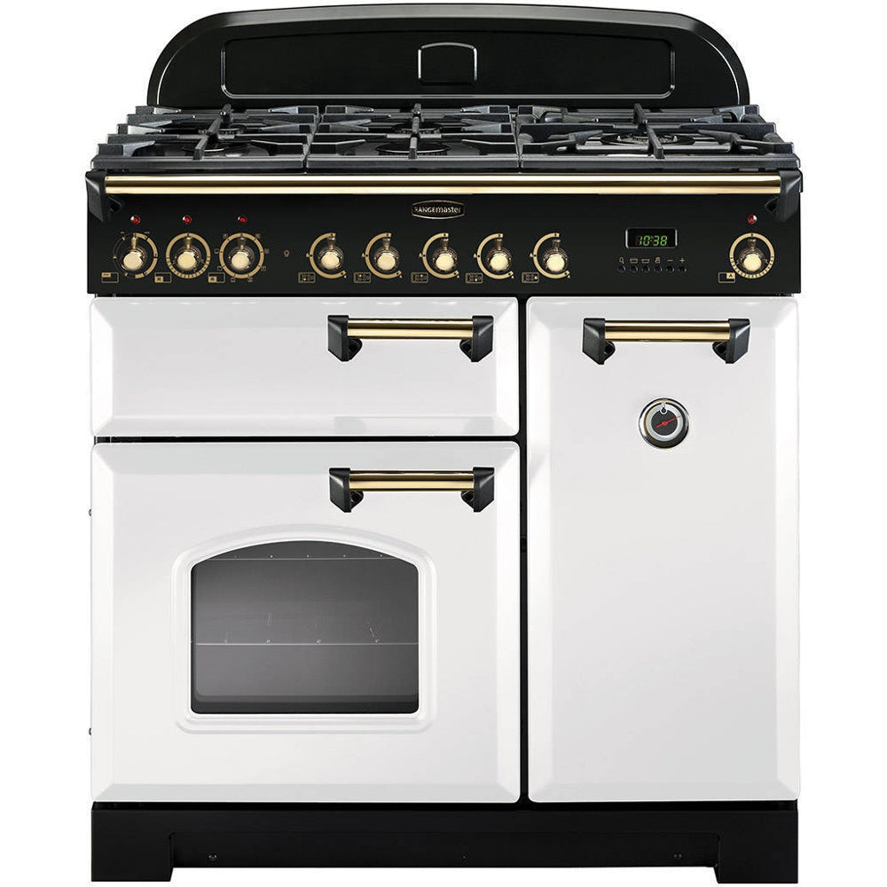 Rangemaster Classic Deluxe CDL90DFFWH/B - White/Brass Dual Fuel Range Cooker - 90cm - A Rated