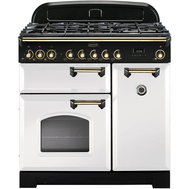 Rangemaster Classic Deluxe CDL90DFFWH/B - White/Brass Dual Fuel Range Cooker - 90cm - A Rated