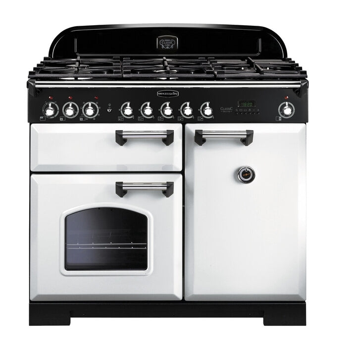 Rangemaster Classic Deluxe CDL100DFFWH/C - White/Chrome Range Cooker - Dual Fuel 100cm - A Energy Rated