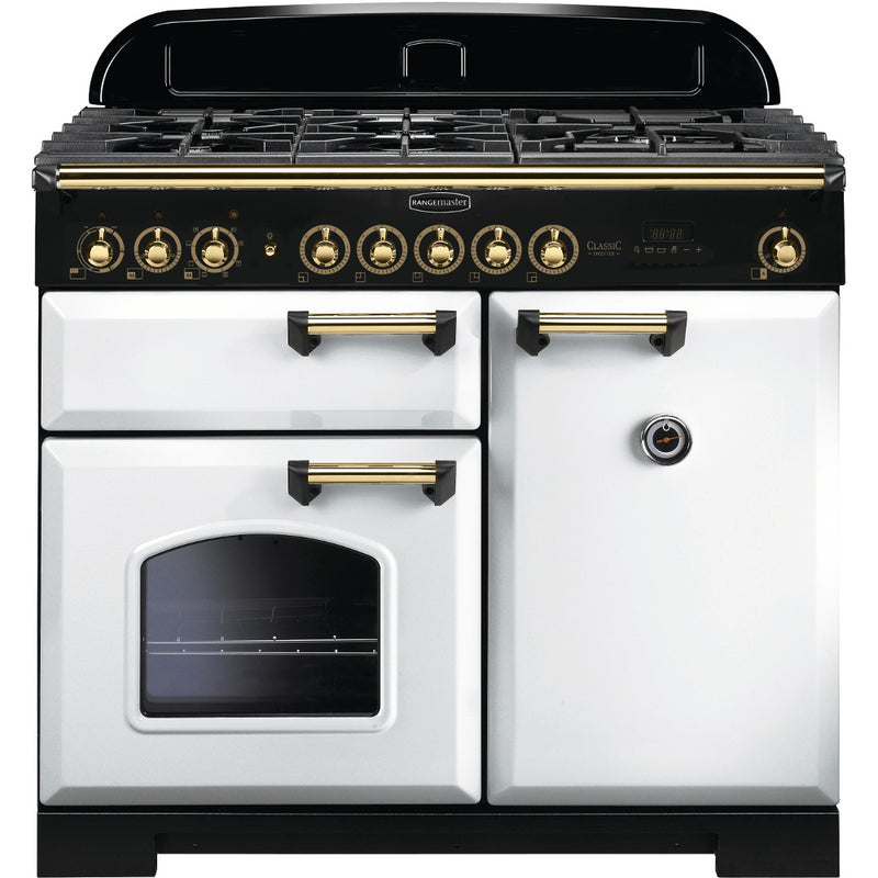 Rangemaster CDL100DFFWH/B - White/Brass Range Cooker - Dual Fuel - A Rated