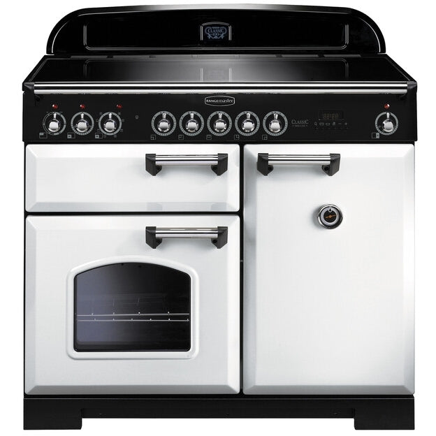 Rangemaster Classic Deluxe CDL100EIWH/C - White/Chrome Range Cooker - 79L + 82L - A Rated