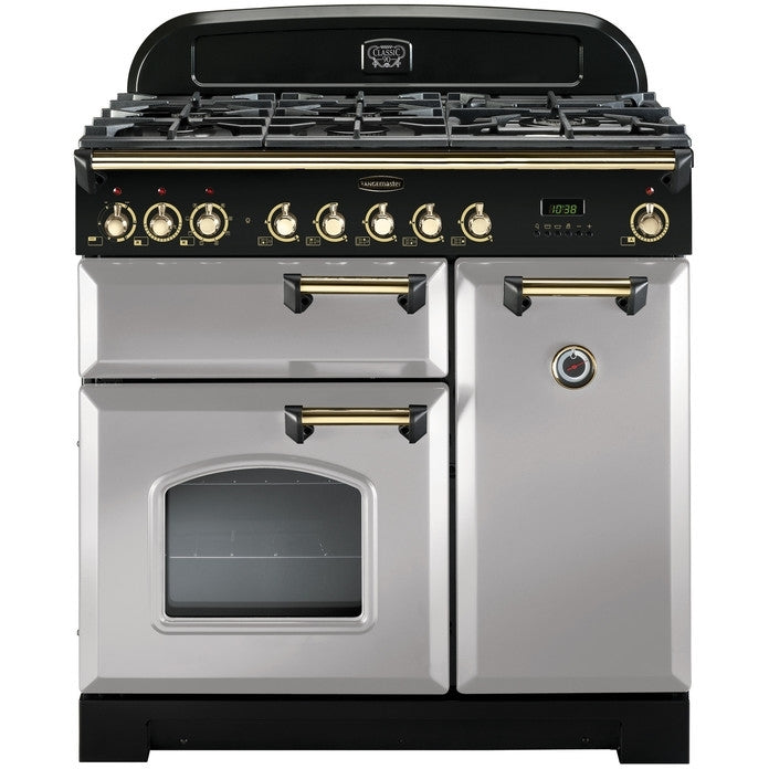 Rangemaster Classic Deluxe CDL90DFFRP/B - Royal Pearl/Brass 90cm Range Cooker - Dual Fuel - A Rated
