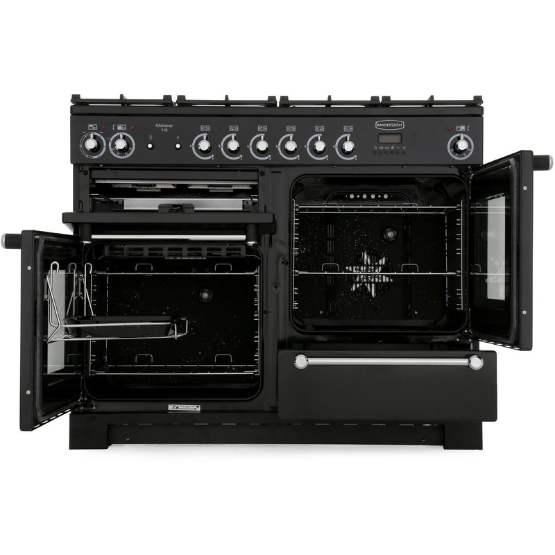 Rangemaster Kitchener KCH110NGFBL/C - Black/Chrome Gas Range Cooker - 110cm - A+ Energy