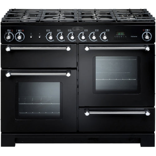 Rangemaster Kitchener KCH110NGFBL/C - Black/Chrome Gas Range Cooker - 110cm - A+ Energy
