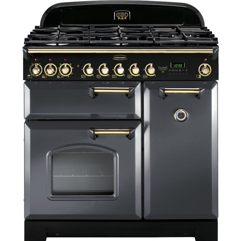 Rangemaster CDL90DFFSL/B - Slate/Brass Dual Fuel Range Cooker - 79L + 67L - A Rated