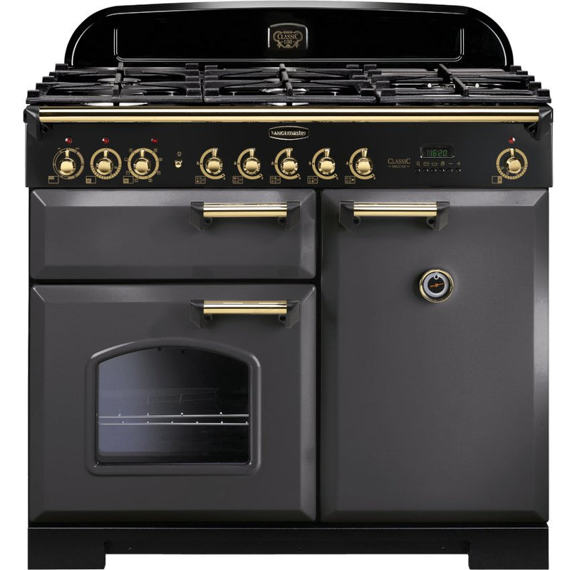Rangemaster CDL100DFFSL/B - Slate/Brass Dual Fuel Range Cooker - 100cm - A Rated