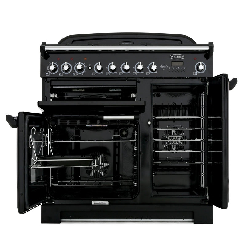 Rangemaster Classic Deluxe CDL90DFFSB/C - Stone Blue/Chrome Dual Fuel Range Cooker - 90cm - A Rated
