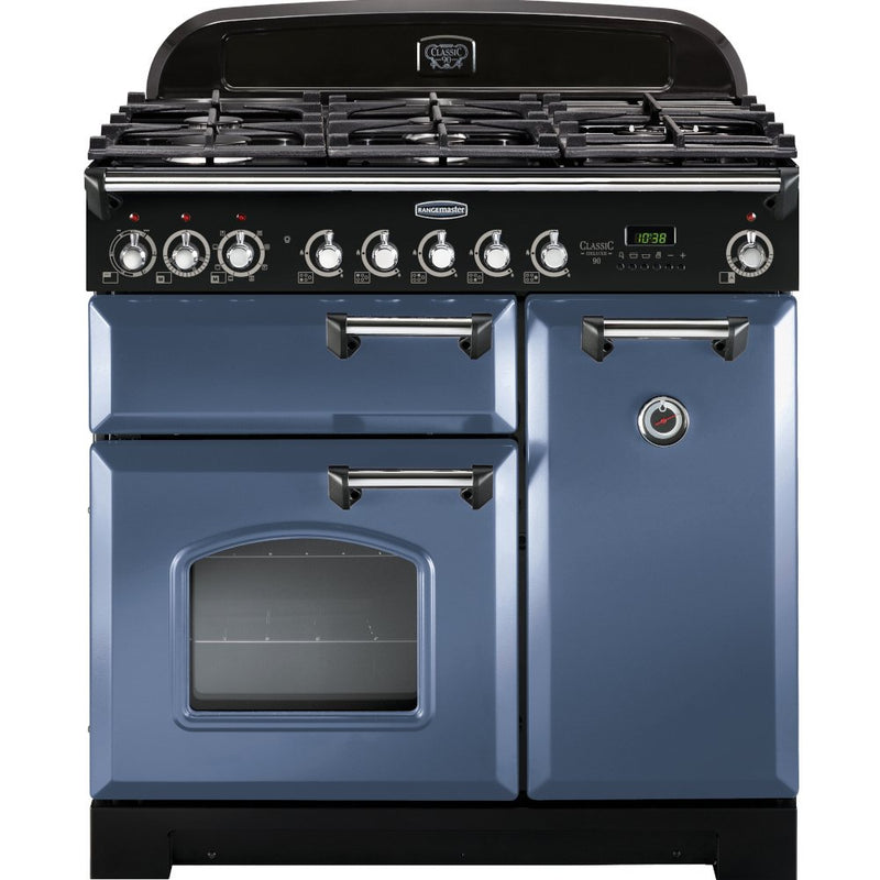 Rangemaster Classic Deluxe CDL90DFFSB/C - Stone Blue/Chrome Dual Fuel Range Cooker - 90cm - A Rated
