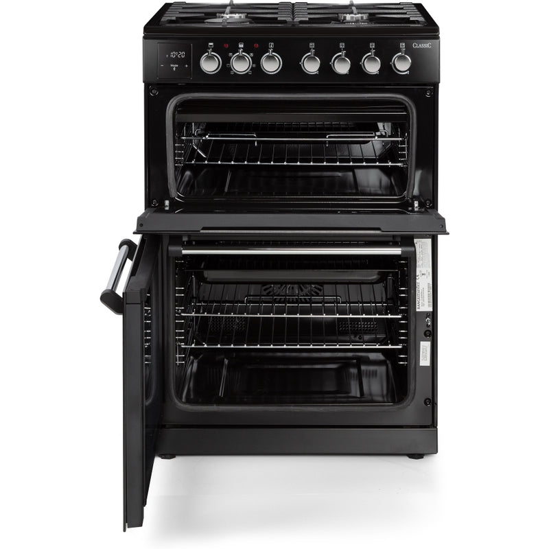 Rangemaster CLA60DFFBL/C - Black / Chrome Dual Fuel Cooker - Four Burners, 69/39 L Capacity, Double Oven - A Energy Rating