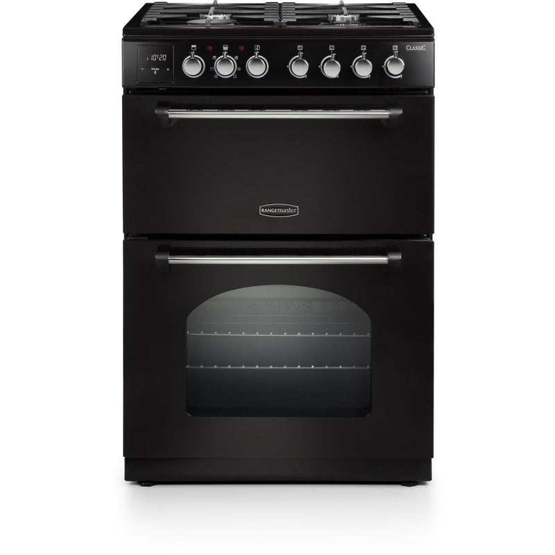 Rangemaster CLA60DFFBL/C - Black / Chrome Dual Fuel Cooker - Four Burners, 69/39 L Capacity, Double Oven - A Energy Rating