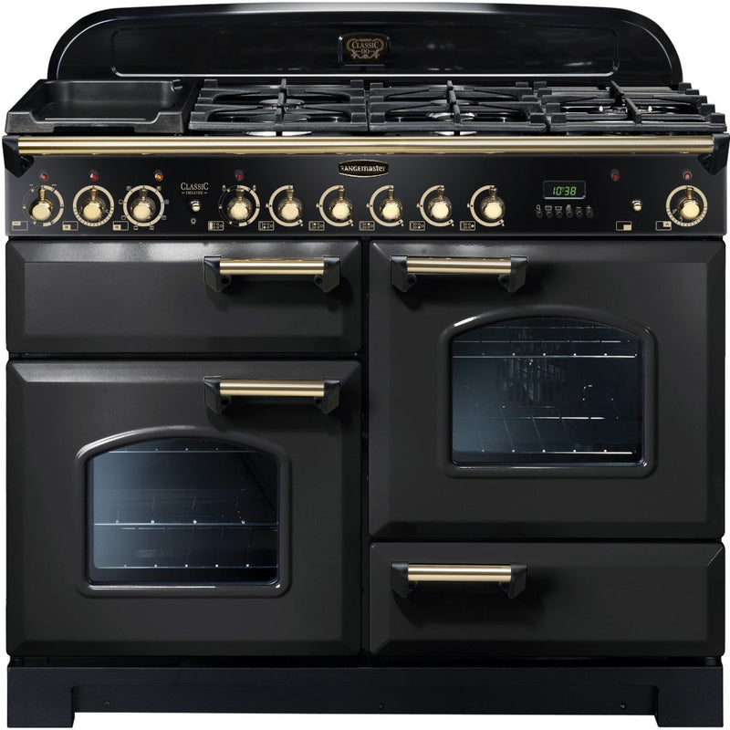 Rangemaster Classic Deluxe CDL110DFFCB/B - Black/Brass 110cm Range Cooker - Dual Fuel - A Rated