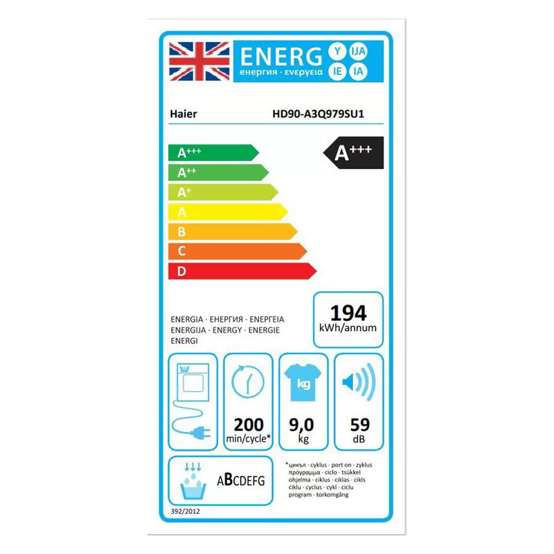 Haier HD90-A3Q979RU1 - Grey 9KG Heat Pump Condenser Dryer - A+++ energy