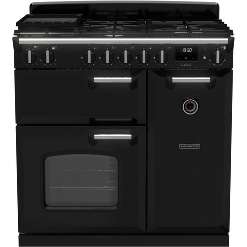 Rangemaster CL90DFPGBL/CM1 - Black/Chrome 90cm Dual Fuel Range Cooker - A Energy