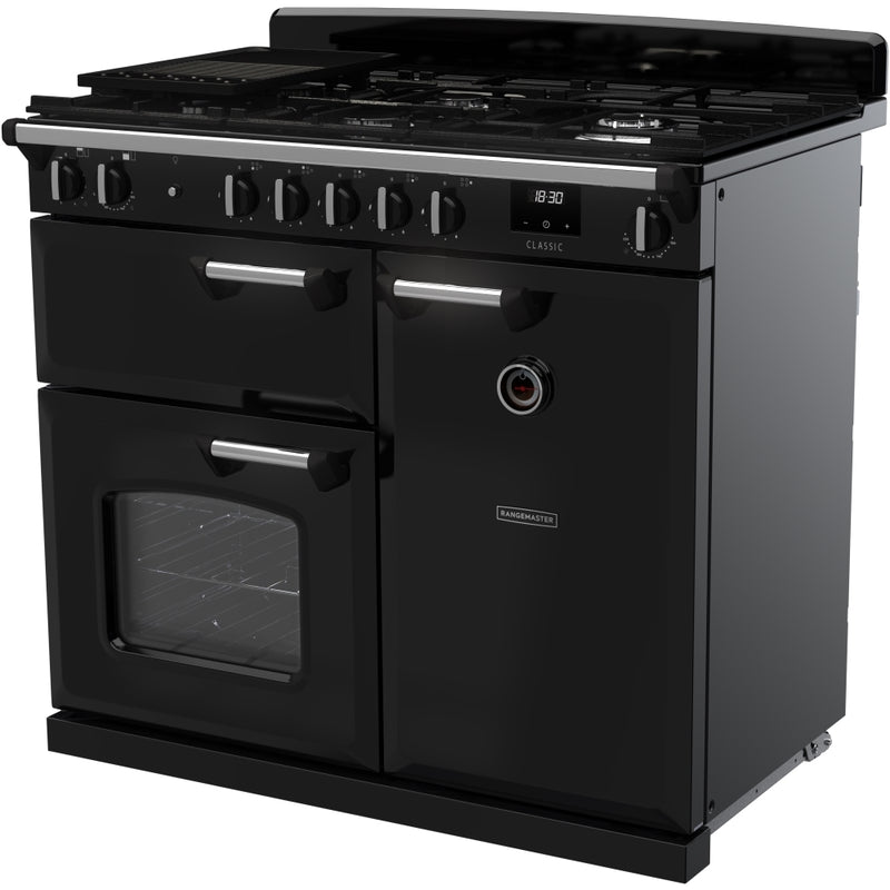 Rangemaster CL100DFPGBL/CM1 - Black/Chrome Classic Range Cooker - Dual Fuel