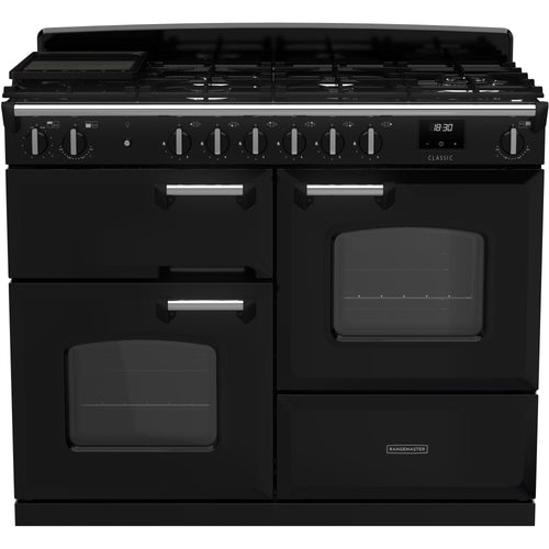 Rangemaster Classic - Black/Chrome 110cm Dual Fuel Range Cooker - 189L Capacity - A Rated