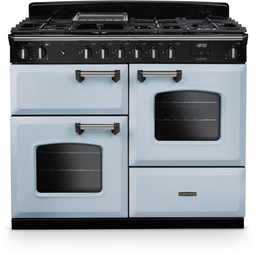 Rangemaster CLO110DFPMSB/CM1 - Misty Blue/Chrome 110cm Dual Fuel Range Cooker - 160L Capacity - A Energy