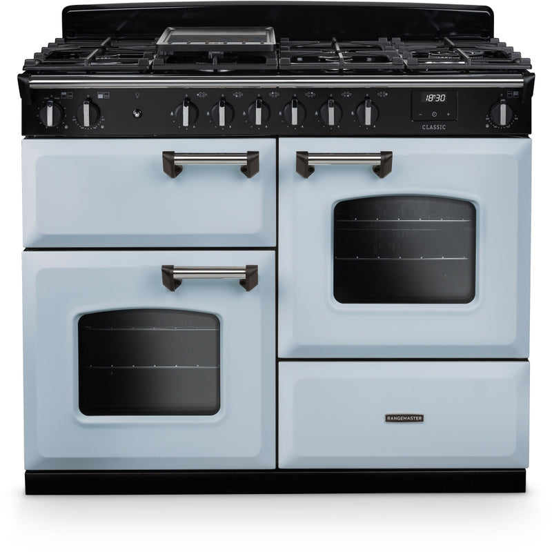 Rangemaster CLO110DFPMSB/CM1 - Misty Blue/Chrome 110cm Dual Fuel Range Cooker - 160L Capacity - A Energy
