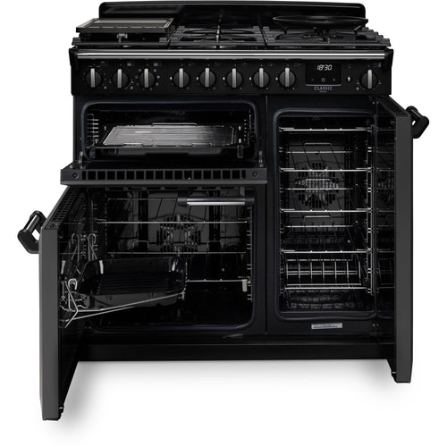 Rangemaster Classic Deluxe - Gloss Black/Chrome Range Cooker - 90cm Dual Fuel - A Energy Rated