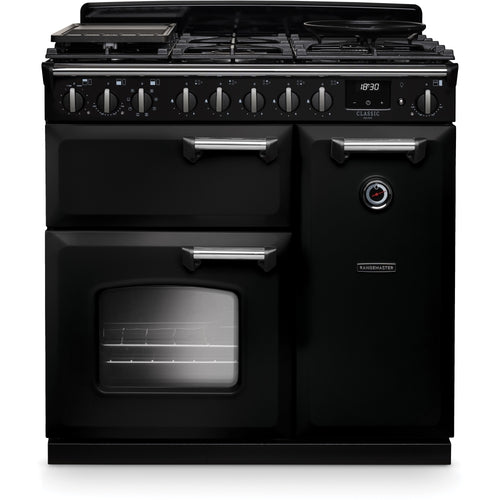 Rangemaster Classic Deluxe - Gloss Black/Chrome Range Cooker - 90cm Dual Fuel - A Energy Rated