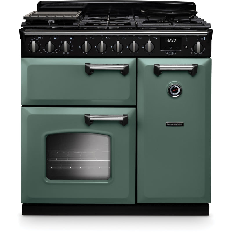 Rangemaster CLDL90DFPMGR/CM1 - Mineral Green/Chrome 90cm Range Cooker - Dual Fuel - A Energy