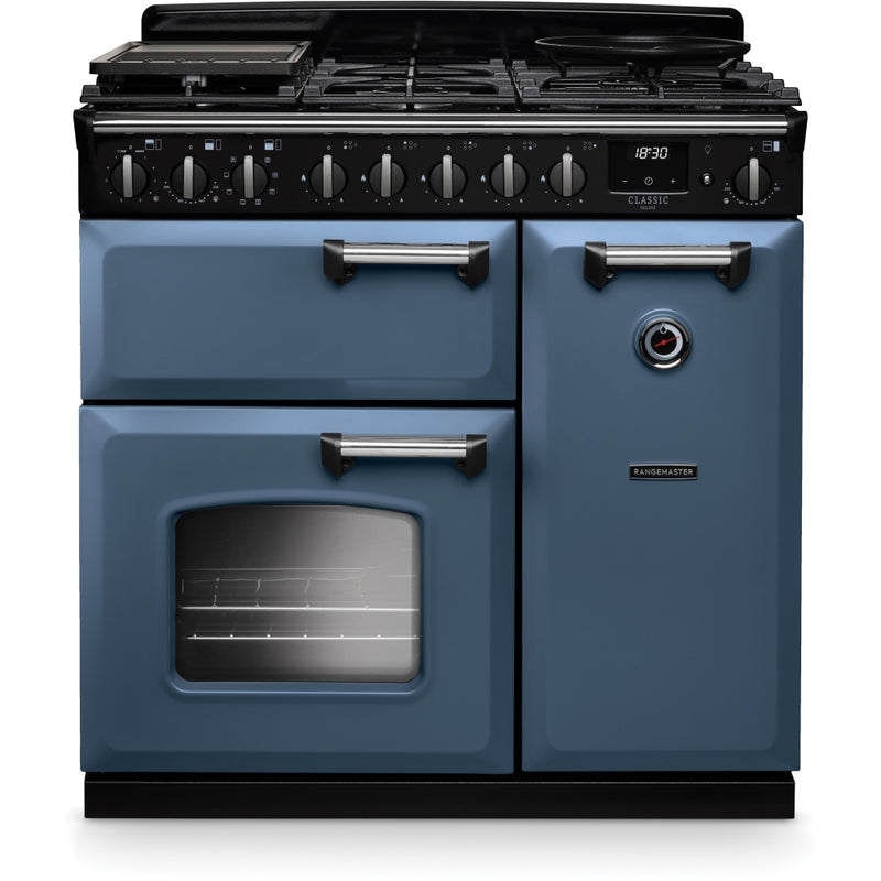 Rangemaster CLDL90DFPSTB/CM1 Classic Deluxe - Stone Blue/Chrome Range Cooker - Dual Fuel - A Rated