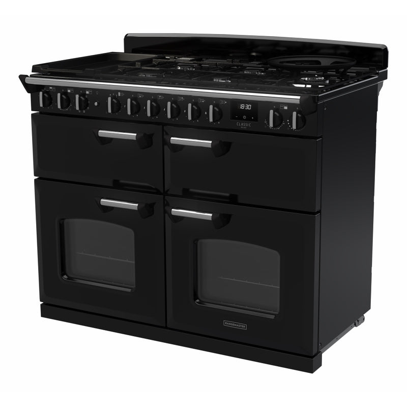 Rangemaster Classic Deluxe CLDLB110DFPGBL/CM1 - Black/Chrome Dual Fuel Range Cooker - 110cm - A Rated