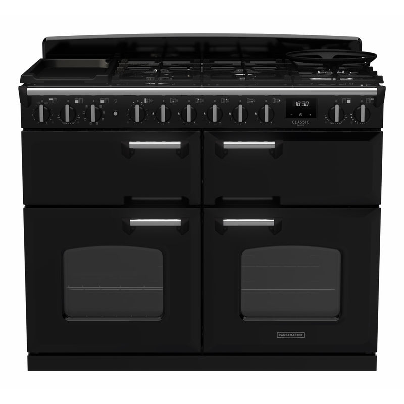 Rangemaster Classic Deluxe CLDLB110DFPGBL/CM1 - Black/Chrome Dual Fuel Range Cooker - 110cm - A Rated