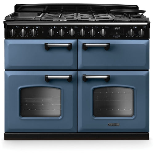 Rangemaster Classic Deluxe - Stone Blue/Chrome Range Cooker - 110cm Dual Fuel - A Energy Rating