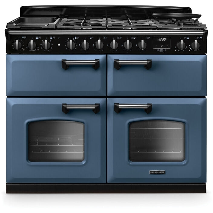 Rangemaster Classic Deluxe - Stone Blue/Chrome Range Cooker - 110cm Dual Fuel - A Energy Rating