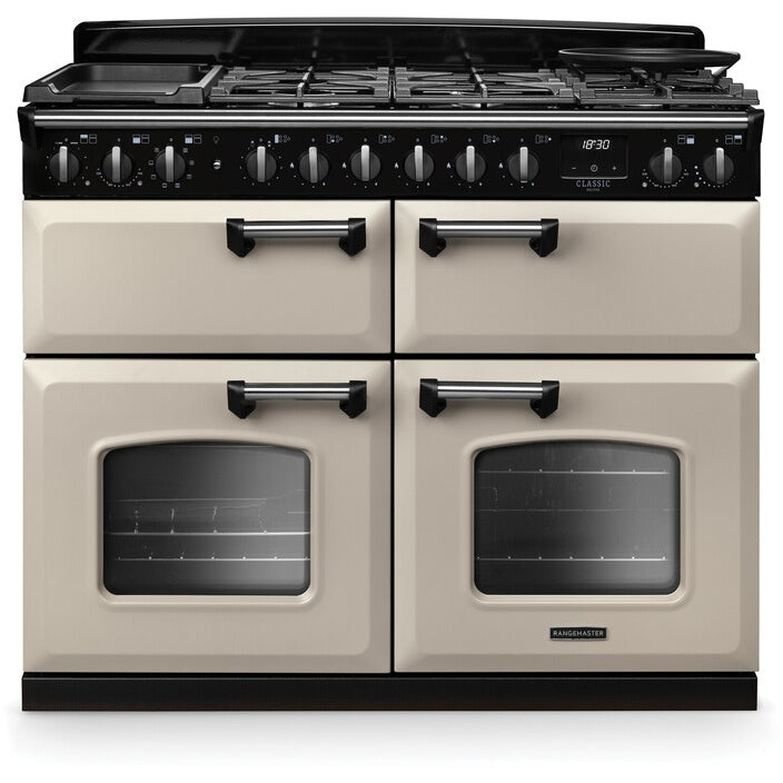 Rangemaster CLDLB110DFPPCR/CM1 Classic Deluxe - Pale Cream/Chrome Range Cooker - Dual Fuel - 110cm