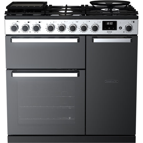 Rangemaster EDDL90DFGBLK/CM1 Edge Deluxe 90cm Dual Fuel Black Glass/Chrome
