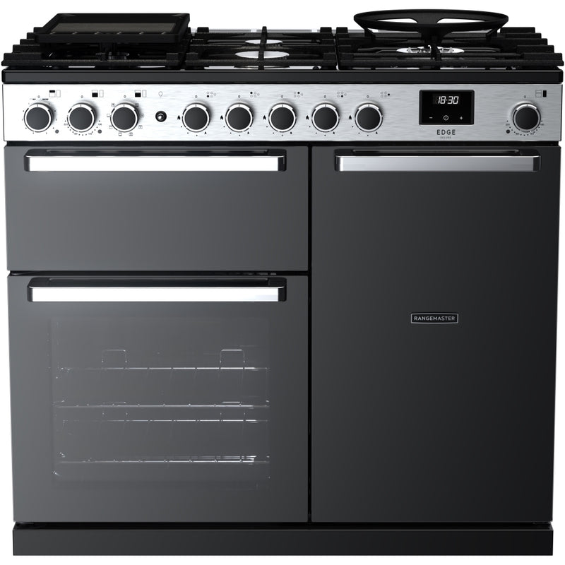 Rangemaster EDDL100DFGBLK/CM1 Edge Deluxe 100cm Dual Fuel Black Glass/Chrome