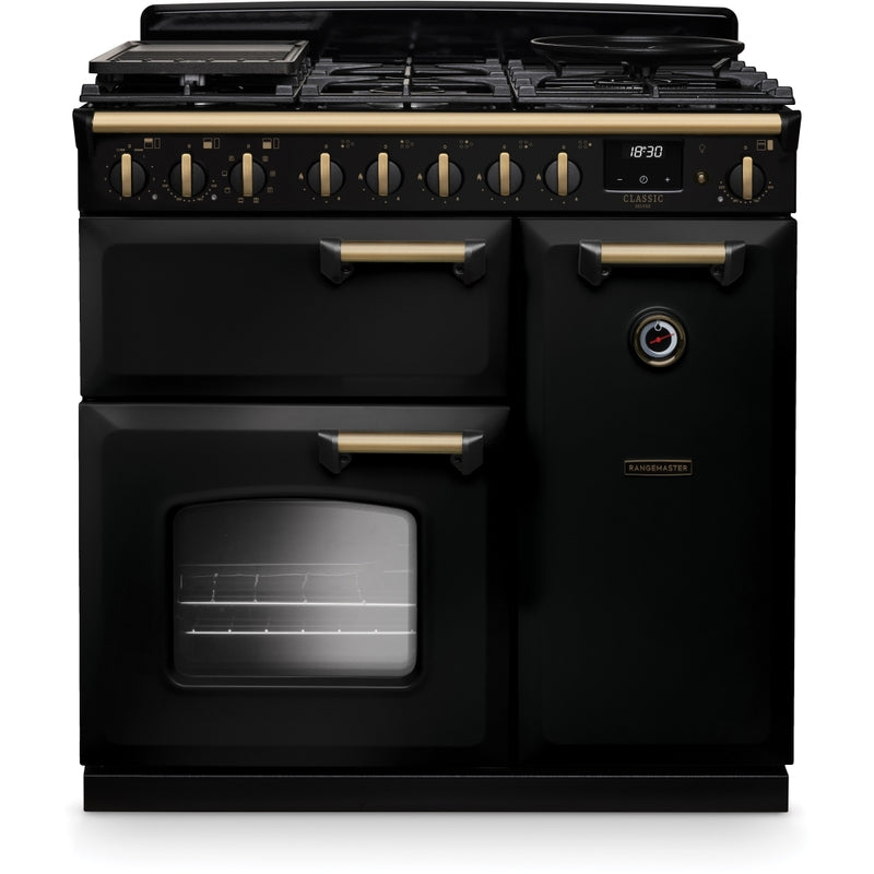 Rangemaster CLDL90DFPGBL/AB1 - Gloss Black/Antique Brass Range Cooker - 90cm Dual Fuel - A Rated