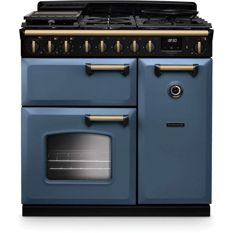 Rangemaster Classic Deluxe - Stone Blue/Antique Brass Range Cooker - 90cm Dual Fuel - A Rated