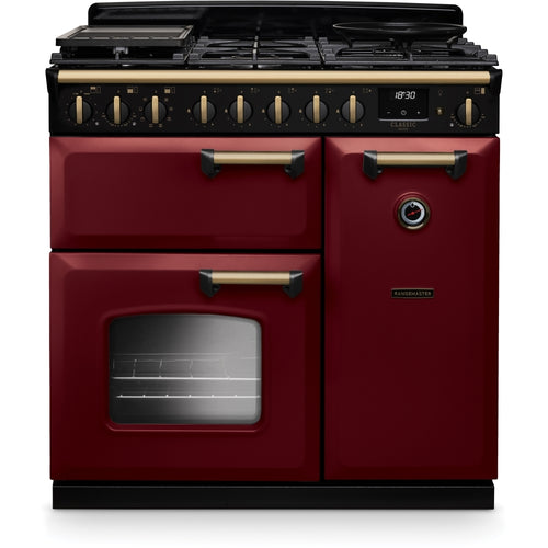 Rangemaster Classic Deluxe CLDL90DFPBOR/AB1 - Bordeaux/Antique Brass Range Cooker - Dual Fuel - A Energy Rating