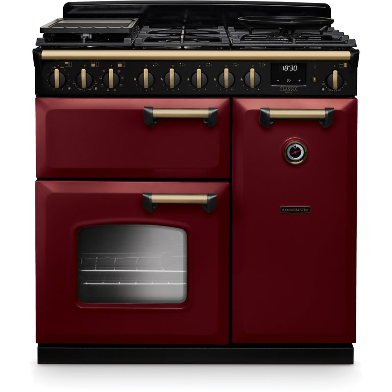 Rangemaster Classic Deluxe CLDL90DFPBOR/AB1 - Bordeaux/Antique Brass Range Cooker - Dual Fuel - A Energy Rating