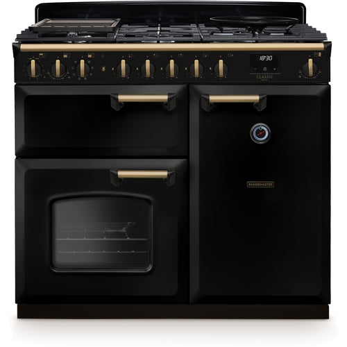 Rangemaster CLDL100DFPGBL/AB1 - Black/Antique Brass 100cm Dual Fuel Range Cooker - 80L & 82L Capacity - A Energy Rating
