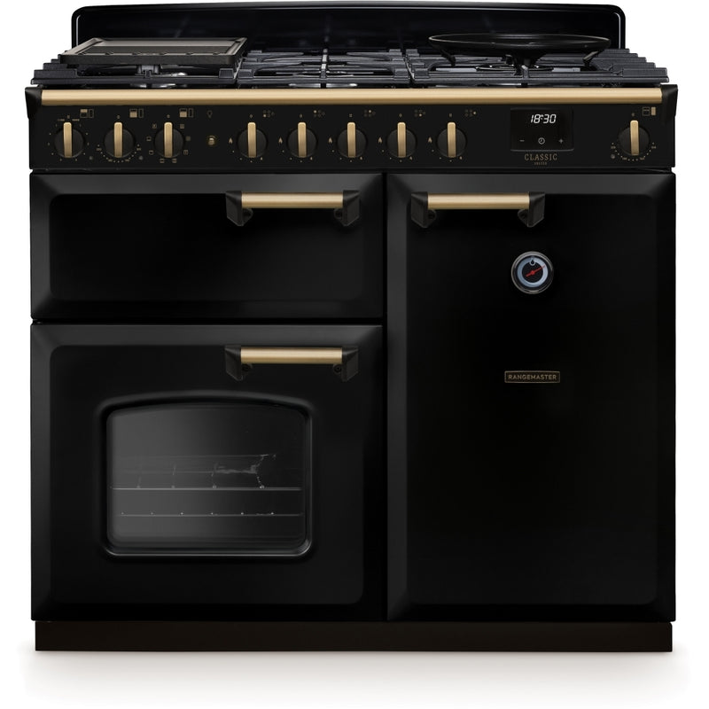 Rangemaster CLDL100DFPGBL/AB1 - Black/Antique Brass 100cm Dual Fuel Range Cooker - 80L & 82L Capacity - A Energy Rating