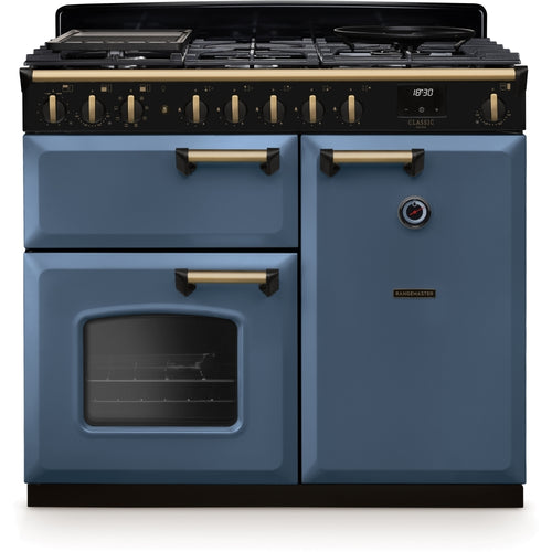 Rangemaster CLDL100DFPSTB/AB1 - Stone Blue/Antique Brass 100cm Dual Fuel Range Cooker - A Energy Rating
