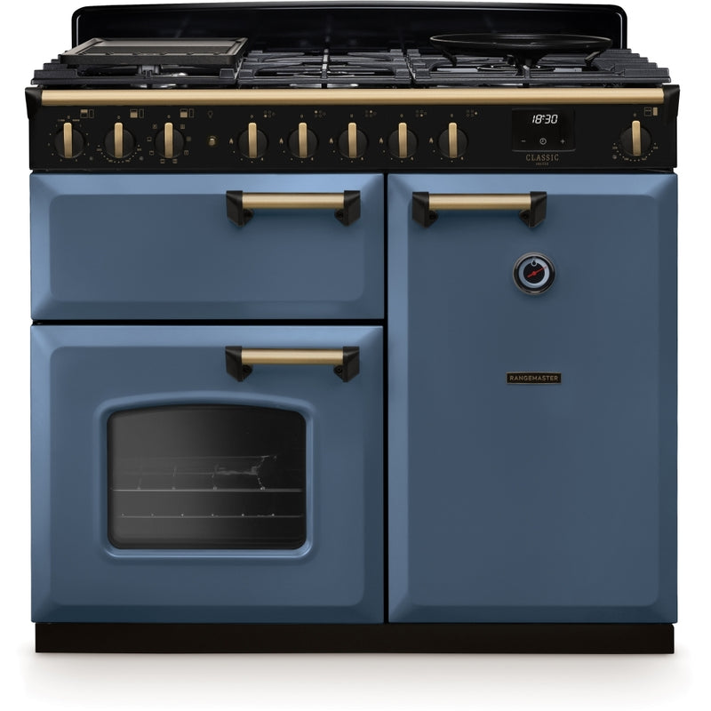 Rangemaster CLDL100DFPSTB/AB1 - Stone Blue/Antique Brass 100cm Dual Fuel Range Cooker - A Energy Rating
