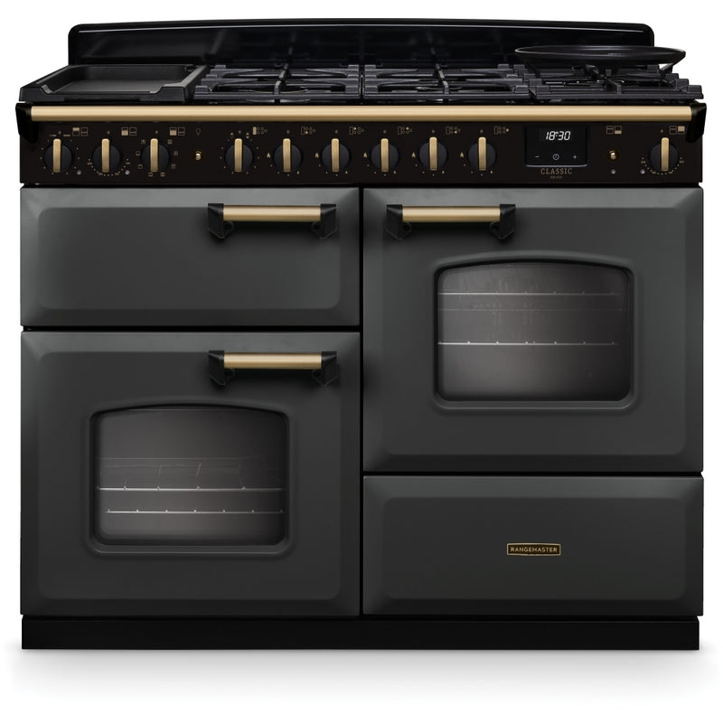 Rangemaster CLDLO110DFPSLT/AB1 - Slate/Antique Brass 110cm Range Cooker - Dual Fuel - A Energy